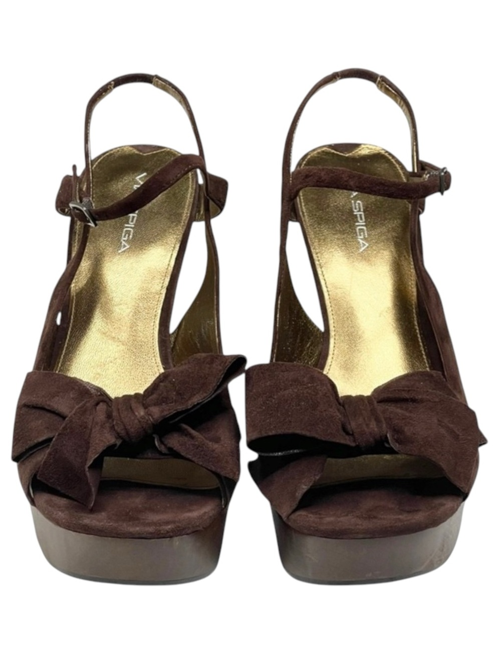 new Via Spiga ✽ Wood Wedge Platform Heel Bow Sandals ✽ Chocolate Suede ✽ 10.5M ✽ - Picture 10 of 16